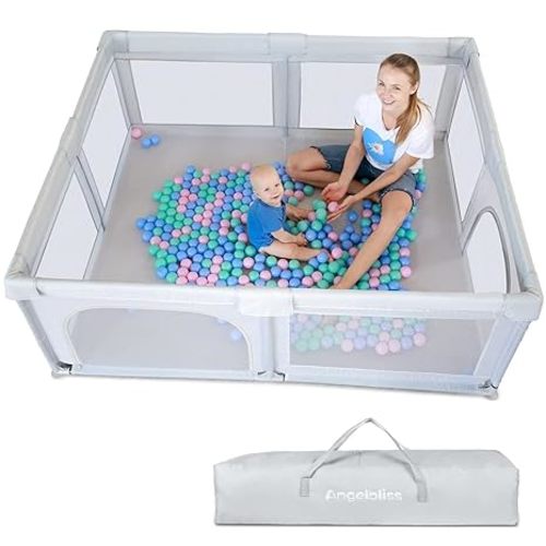 ANGELBLISS Baby Playpen, Extra Large Playard, Indoor & Outdoor Kids Activity Center with Anti-Slip Base, Sturdy Safety Play Yard with Breathable Mesh, Kid's Fence for Infants Toddlers(Grey,79”x71”) - XX-Large (79 x 71in)