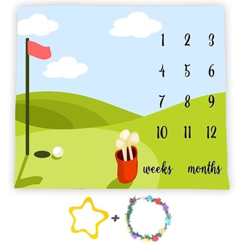 Golf Sports Baby Monthly Milestone Blanket, 48x40in Soft Flannel, Nature Outdoor Grassland Backgrounds, Newborn Mom Gifts, Baby Shower Age Growth Tracker with Bonus Maker BTLSFS14