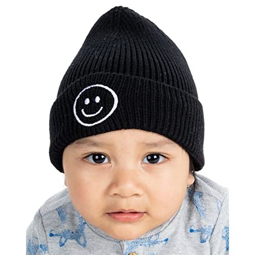Funky Junque Baby Hats 0-12 Months Smiley Face Beanie, Warm Soft Knit Toddler Beanie Winter Cap for Infants Unisex