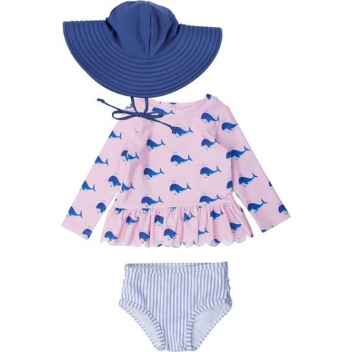 Pink Whale Friends 2-Piece Rashguard Swimsuit & Headband Set, 3-6M