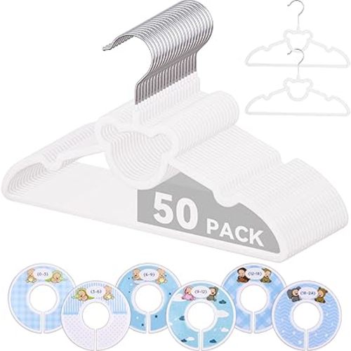 Kid's Velvet Felt Non-Slip Stackable Clothes Hangers 50 Pack,Baby Hangers Ultra Slim & Space Saving, Flocked Hangers for Children's Kid Clothing,Skirt & Pants Organization – White