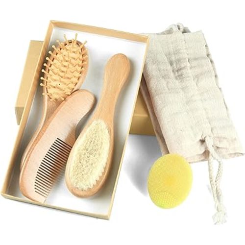 Baby Hair Brush and Comb Set (4-Piece) for Newborn - Wooden Baby Hairbrush Set,A Beechwood Brush, Baby Airbag Brush, Beech Handle Brush, and Prevent Cradle Cap Silicone Brush - Ideal Registry Gift