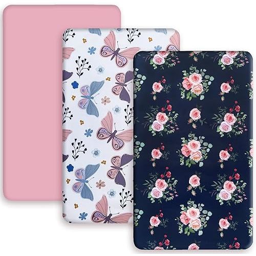AMROSE 3 Pack Heavenly Soft Mini Crib Sheets, Microfiber Pack N Play Sheets Set for Baby Girls, Silk Touch Gentle, Fitted for Playard Portable Crib Mattress, Floral & Butterfly