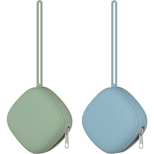 2 Pack Silicone Pacifier Holder Case, Portable Silicone Pacifier Case For Diaper Bag, BPA Free Newborn Baby Pacifiers Silicone Pouch For Boys & Girls (Sage+Ether)