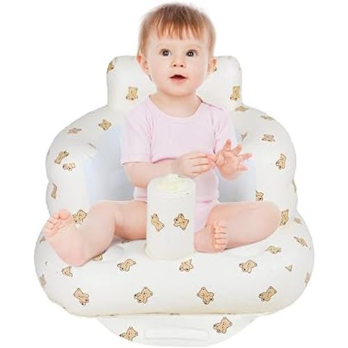 Inflatable Baby Seat, Inflatable Baby Chair for Babies 3 Months and Up Summer Baby Inflatable Seat for Sitting Up, Blow Up Baby Floor Seat with Built in Air Pump, Bear