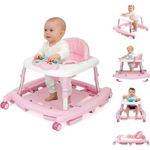 5-in-1 Baby Walker for Boys and Girls Music and Lights 6-18 Month, Foldable Baby Walkers with 5 Adjustable Heights, Infant Toddler Walker with Wheels and Combo Portable（Pink）