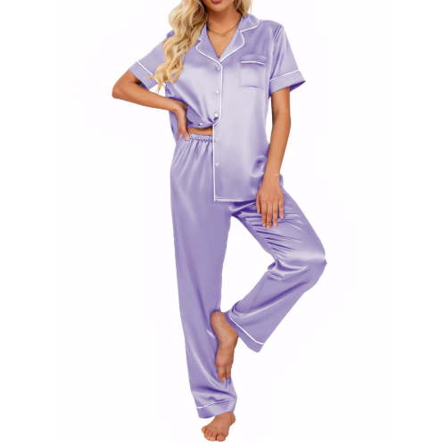 DAKIMOE Silk Satin Pajamas Set for Women Two-Piece Short Sleeve Shirt with Long Pajama Pant Set Soft Button Down Loungewear Nightwear Pjs Sleepwear for Women
