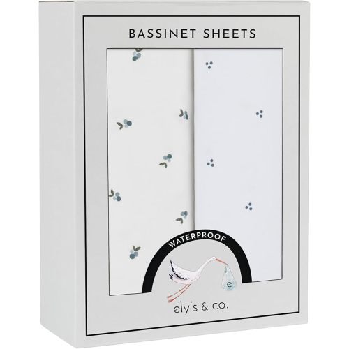 Ely's & Co. Patent Pending Waterproof Bassinet Sheets, 100% Cotton with Waterproof Lining, Built in Bassinet Mattress Protector – 2 Pack Fitted Sheet Set, Berry and Cluster Dot (Blue) 32” x 16”