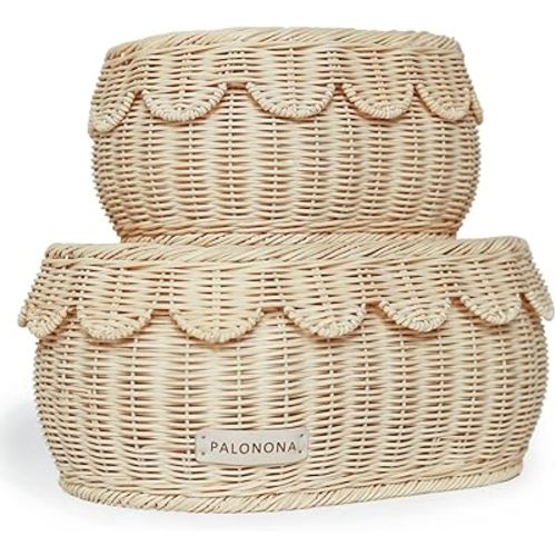 Set of 2 Natural Rattan Storage Baskets with Scalloped Lids – Small & Medium Sizes – Handwoven Braided Edge Detail – Boho Accent Decor for Countertops, Shelves, Home Organization & Gifting.