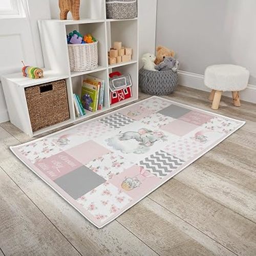 HawSkgFub Baby Toddler Girl Sleeping Elephant Dream Big Little One Playroom Area Rug, Pink Gray Flower Star Cloud Non Slip Nursery Play Mat Carpet, Kids Bedroom Living Room Classroom Decor