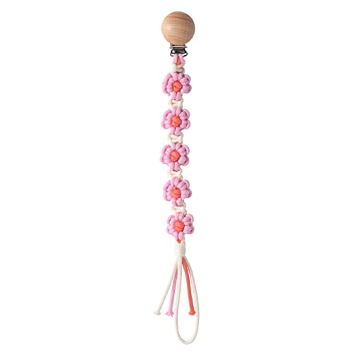 Symbolife Pacifier Clips Baby Girls Floral Daisy Binky Clips Pacifier Holder Boho Wooden Clips Macrame Paci Clip Handmade Braided Cotton Pacifier Strap Pink