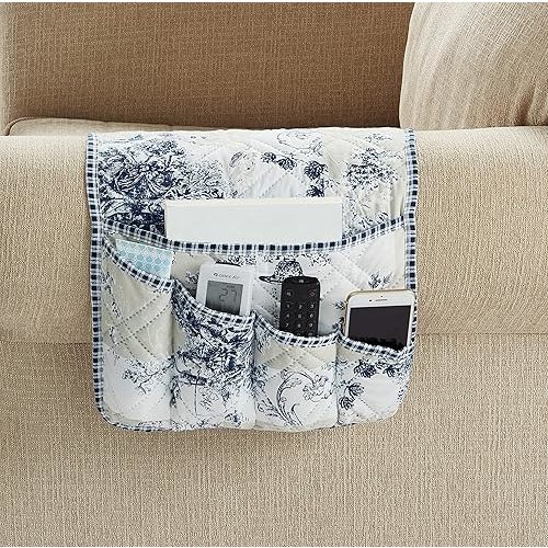 Brilliant Sunshine Toile Couch Sofa Armrest 5 Pockets Organizer, Slip Resistant Recliner Armchair Caddy, Washable Remote Controls Holder, Storage for Magazine, Tablet, Phone, iPad, 35×13", Blue Beige