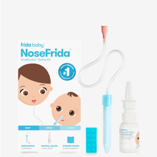 Frida Baby Saline Kit, Includes NoseFrida Nasal Aspirator for Baby, Baby Nose Sucker, Saline Nasal Spray for Babies with 10 Extra Hygiene Filters, Nasal Spray Decongestant, 0.68 fl oz