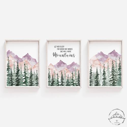Girls Forest Nursery Wall Art, Pink Woodland Nursery Theme, Baby Girl Mountain Nursery Decor, Baby Girl Nursery Decor, DIGITAL DOWNLOAD