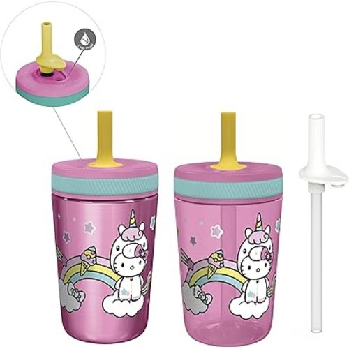 Zak Designs Unicorn Kelso Tumbler Set, Leak-Proof Screw-On Lid with Straw, Bundle for Kids Includes Plastic and Stainless Steel Cups with Bonus Sipper, 3pc Set, Non-BPA, 15 fl.oz.