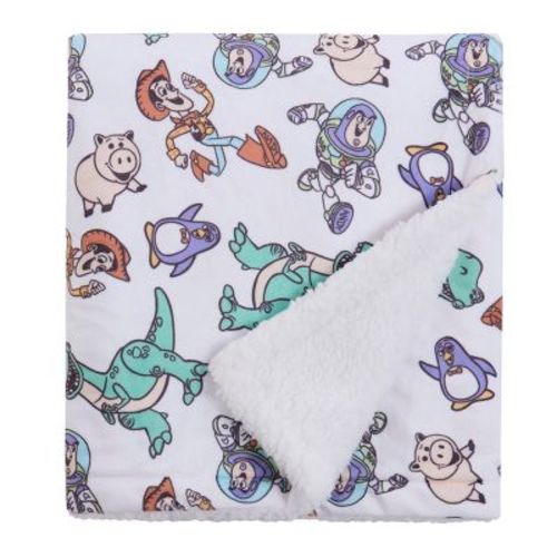 NoJo Disney Toy Story Play All Day Cuddly Plush Baby Blanket - Woody, Buzz, Rex, Wheezy, and Hamm, Teal, Blue, and White