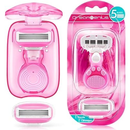 DreamGenius Travel Razors for Women, Travel Size Toiletries Include 1 Handle and 2 Cartridges, Extra Smooth 5-Blade Travel Essentials Razor with Case for Shaving, Pink