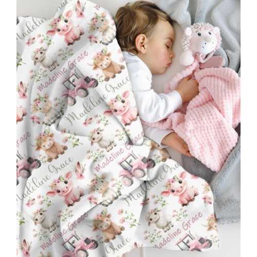 Farm Animals Blanket Baby Girl, Custom Name Blanket Girl, Pink Tractor Minky, Pig, Cow, Sheep Newborn Swaddle, Floral Farm Blanket Girl