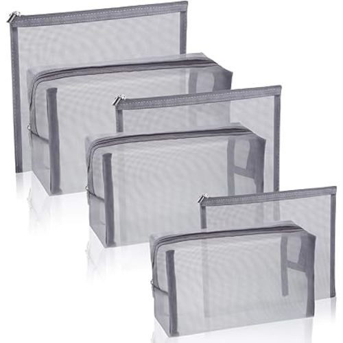 6 Pieces Mesh Makeup Bags Mesh Cosmetic Bag Portable Travel Organizing Zipper Pouch Toiletries Makeup Pouches for Home Office Travel Accessories (Gray)