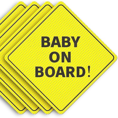 Baby On Board Sticker Sign - Essential for Cars - 4 Pack, 5" by 5" - Bright Yellow and SEE-THROUGH when Reversing - Best Safety Signs - Non-Magnetic Sticker - Durable and Strong Adhesive