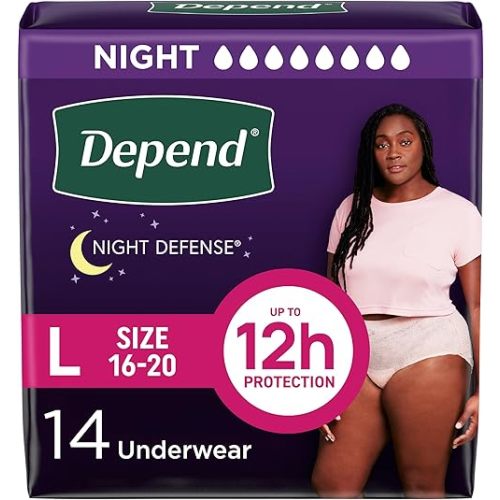 Depend Night Defense Adult Incontinence & Postpartum Bladder Leak Underwear for Women, Disposable, Overnight, Large, Blush, 14 Count, Packaging May Vary
