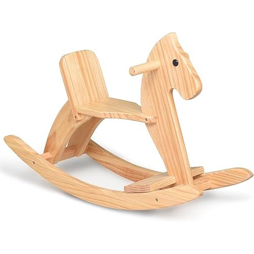 KRAND Rocking Horse Wooden Ride On Toy for Kids Classic Design Rocking Horse with Pedal and Safe Backrest Fine Workmanship(Classic, Natural)