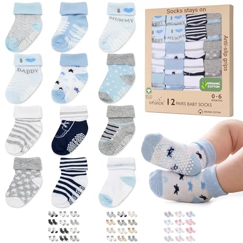 GOTS Certified Organic Cotton Rich Blend Baby Socks 12 Pairs For 0-6 (M) Baby Boy Soft, Stretchable & Breathable Infant Socks, Cute Little Newborn Socks, Baby Registry Essential, Blue