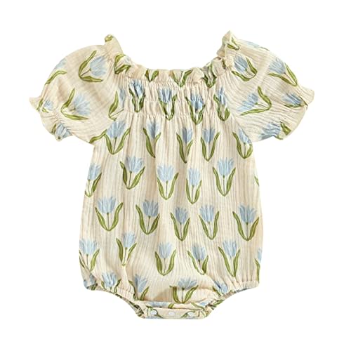 Infant Baby Girl Linen Romper Smocked Bubble Bodysuit Frill Trim Ruffle One-Piece Jumpsuit Casual Cute Summer Clothes