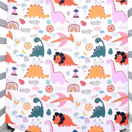 JISEN Baby Crib Sheet 1 Piece Portable Fitted Crib Sheet for Standard Crib and Toddler Mattresses Nursery Bed Decor for Boys Girls 28x52 Inch Multicolor Dinosaurs