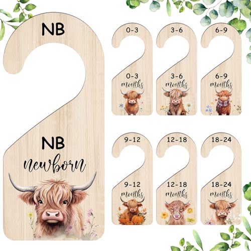 RattanView 7 Pcs Highland Cow Baby Closet Dividers Double Sided Wooden Nursery Closet Dividers for Baby Boy Girl Newborn to 24 Months Home Nursery Supplies