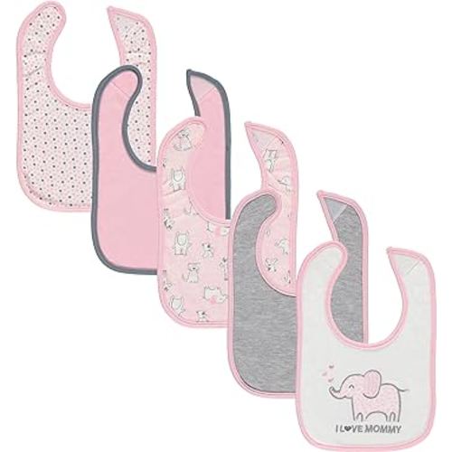 Cudlie 5-Pack Baby Bibs for Drooling Teething and Feeding Infants - Baby Drool Bibs for Baby Girl - Newborn Accessories & Gifts, I Love Mommy/Pink
