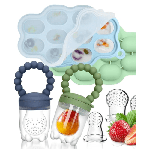 Silicone Baby Fruit Food Feeder, 2 Pack Freezer Tray with lid for Batch Prep,Introduce New Foods, Breastmilk Popsicle Molds, Silicone Teething Toys, Includes 6 Extra Food Pacifier