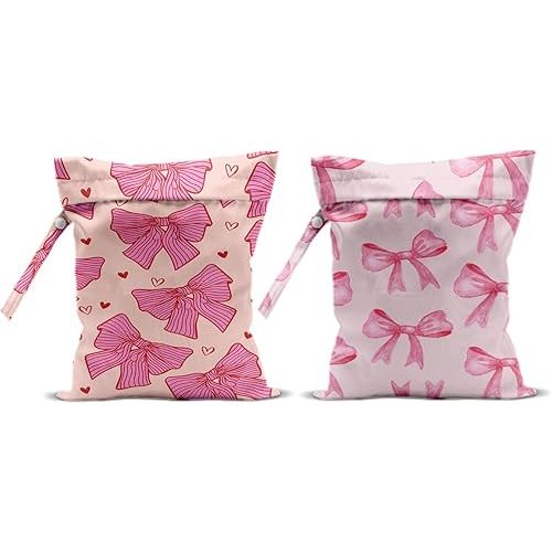 2Pcs Pink Bow Wet Bags 12x10 Inch, Heart Waterproof Travel Laundry Bags, Washable Reusable Wet Dry Bag for Swimsuit Pool Beach Diapers Dirty Yoga Gym Clothes, Pink Gifts for Women Friend Travelers