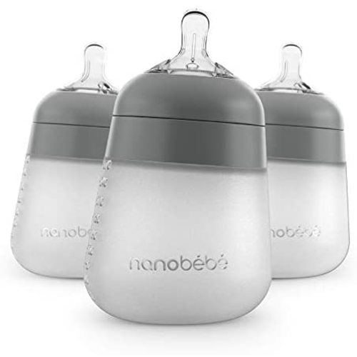 Nanobébé Flexy Silicone Baby Bottle, Anti-Colic, Natural Feel, Non-Collapsing Nipple, Non-Tip Stable Base, Easy to Clean, 3-Pack, Gray, 9oz