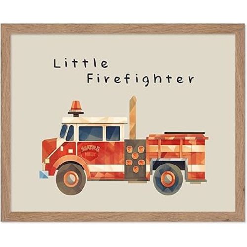 Monem Art Fire Truck Print - Little Firefighter Poster - Toddler Playroom Art - Watercolor Housewarming Gift - Minimal Nursery Car Art - Boho Kid's Room Decor - 8x10 Beige Framed