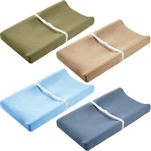 Mixweer 4 Pack Muslin Changing Pad Cover Soft Breathable Cotton Diaper Changing Table Pad Cover Changing Table Sheets Comfort Changing Pad for Baby Boys Girls Fit 2 Sizes Contoured Pad(Novel Color)