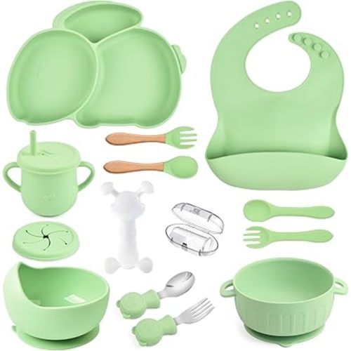 Silicone Feeding Set 15 Pcs - Suction Bowl, Divided Plate, Bib, Cup, Finger Brush, Teether - Baby Led Weaning Supplies - Green