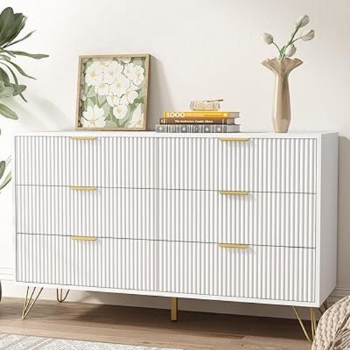 LYNSOM Dresser for Bedroom, Modern 6 Drawer White Dresser with Metal Handles and Wide Drawer, Wood Chest of Drawers for Living Room