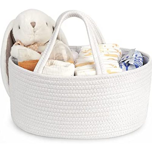 Maliton Baby Diaper Caddy Organizer, Rope Nursery Storage Organizer for Boys and Girls, Diaper Organizer for Changing Table, Portable Diaper Basket for Baby Shower, Baby Registry Must Haves - White