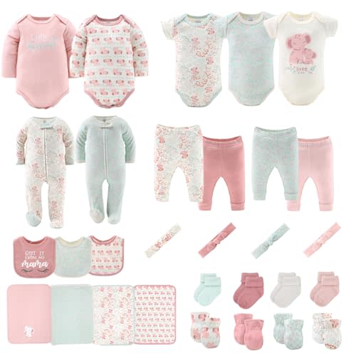 The Peanutshell Baby Layette Gift Set for Girls - 30 Piece New Born Girl Gift Set, Baby Clothes, 0-9 Months - Floral Elephant