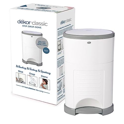 Dekor Classic Hands-Free Diaper Pail | White | Easiest to Use | Just Step – Drop – Done | Doesn’t Absorb Odors | 20 Second Bag Change | Most Economical Refill System - white - 1 Count (Pack of 1)