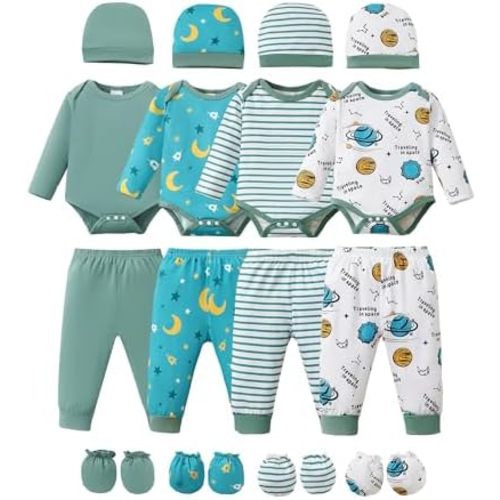 NZRVAWS Newborn Baby Boy Girl Clothes Unisex Infant Romper Pants Set Hat 4-Pack Outfits 0-12 Months 16 Pieces Toddler