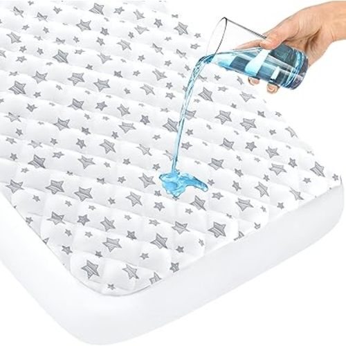 Crib Mattress Protector Waterproof, Quilted Crib Mattress Pad Cover 52'' x 28'' Extra Soft Breathable Toddler Bed Cover Fitted Crib/Toddler Mattress Stretch Up to 8", White Star
