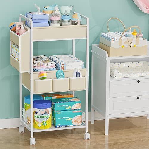 3-Tier Baby Diaper Caddy Cart with Wheels, Nursery Storage Organizer with Dividers & Pockets, Mobile Metal Utility Cart for Baby Essentials, Bedroom, Bathroom, Kitchen & Office