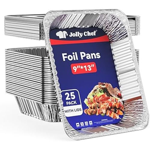 JOLLY CHEF 9x13 Aluminum Pans With Lids (25 Pack)- Disposable Foil Food Containers with Lids for Cooking, Heating, Storing, Prepping Food- Thanksgiving, Christmas, Parties