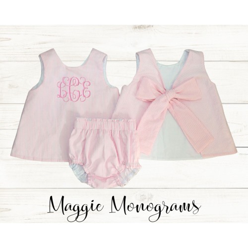 Monogrammed Seersucker or Gingham Bow Tie Back Top with Diaper Cover Set, 3 Months, 9 Months, 12 Months, 18 Months, 24 Months, 2T, 3T 4T
