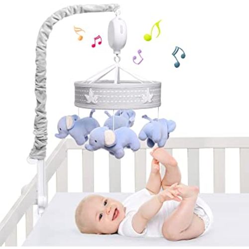 Móvil de bebé para cuna, guardería, móviles musicales para niñas, juguetes para cuna de bebé, carrusel móvil para niño para empacar y jugar, desfile de elefantes, decoración de cuna, clip en