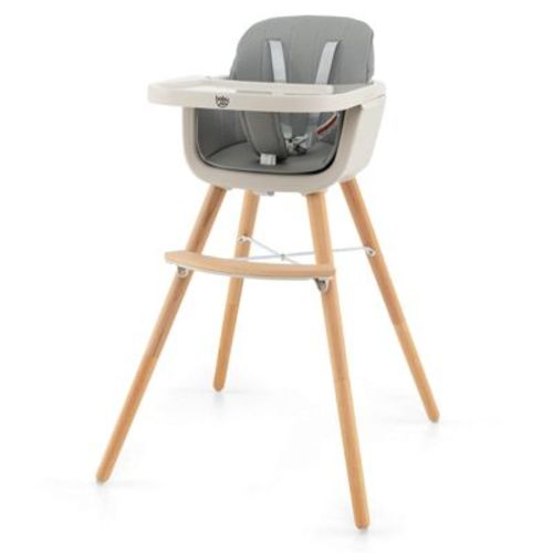 Babyjoy 3 in 1 Convertible Wooden High Chair Toddler Feeding Chair with Cushion Gray/Beige/Yellow/Pink/Dark Grey/Black, Color: Gray