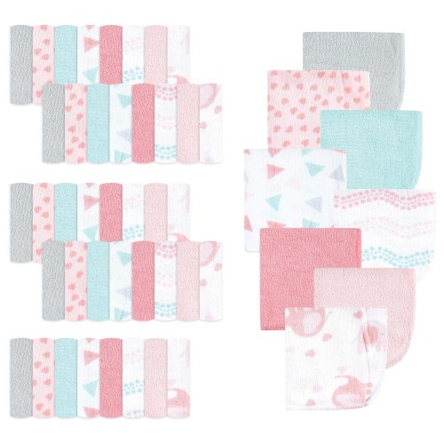 Luvable Friends Infant Girl Cotton Rich Washcloths, Girl Basic Elephant, One Size - Girl Basic Elephant - One Size
