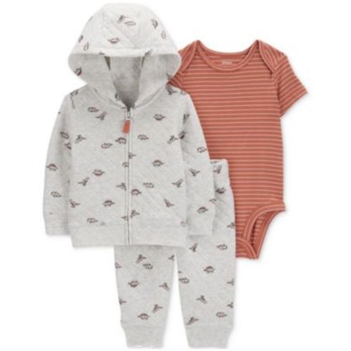 Baby Boys Quilted Dinosaur-Print Hoodie, Striped Bodysuit & Quilted Dinosaur-Print Pants, 3 Piece Set